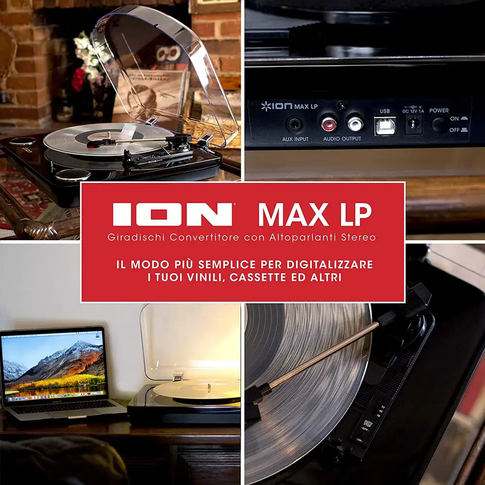 ION Audio Max LP - Giradischi Vinili A Tre Velocità Con Casse, Uscita  Cuffie, Conversione USB +