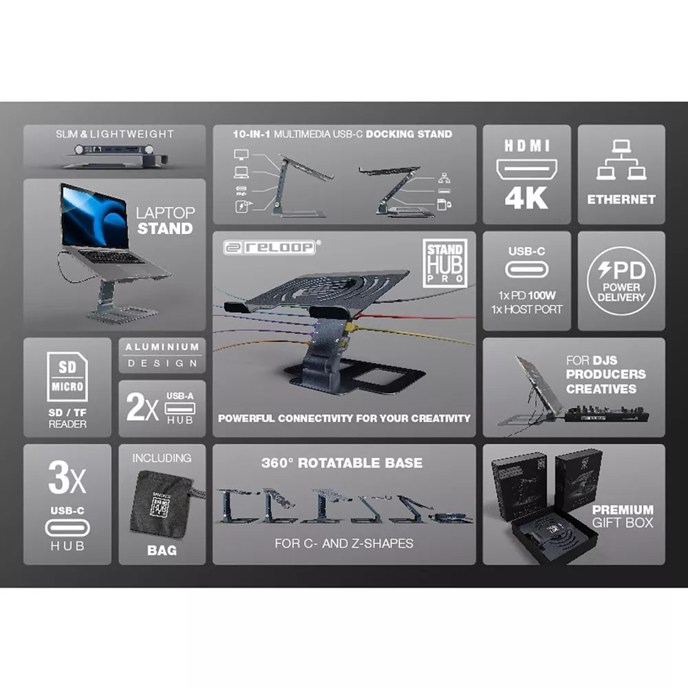 Reloop – Supporto Per Laptop Flex V.2 – Stabile, Pieghevole, Per Notebook 13-16 Pollici – Fino A 8 Kg, Colore Nero